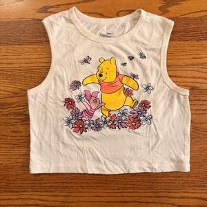 Disney Winnie the Pooh Graphic Crop Tank Top Cream Small Embroidered Flowers